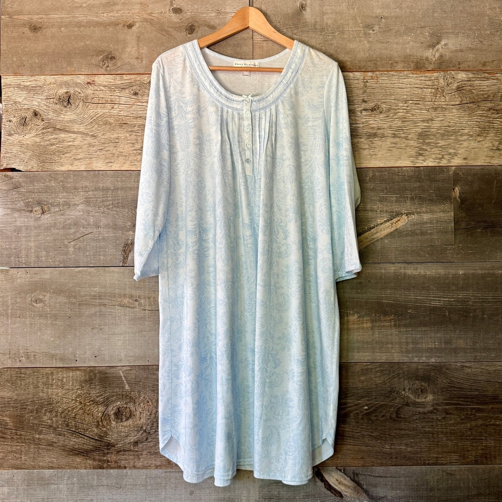 Miss Elaine Intimates Knit Henley Nightgown 1X Blue Paisley 3/4 Sleeve Cottage